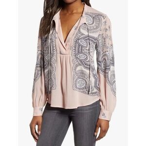 Lucky Brand Pink Paisley Print Tie Neck Blouse Top Women Size S P